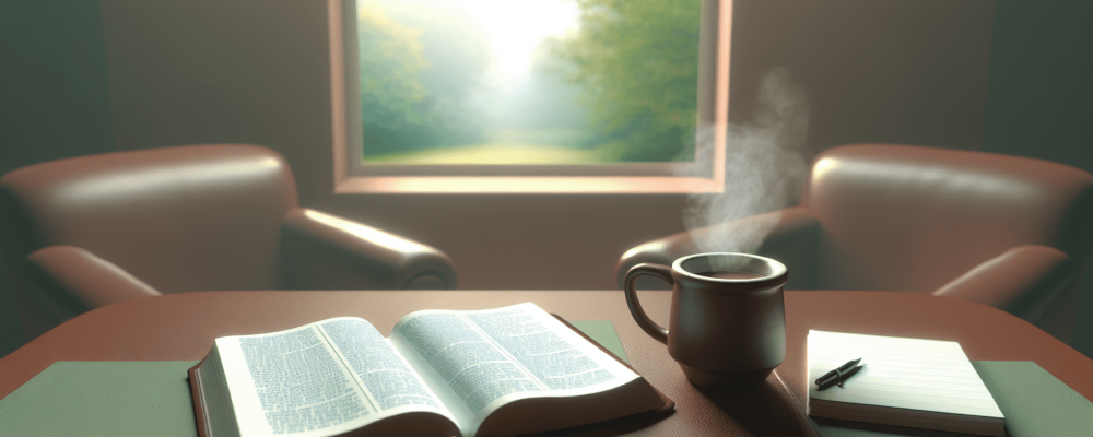 Uma mesa de estudo com Bíblia aberta, anotações e café em ambiente de reflexão e crescimento espiritual.