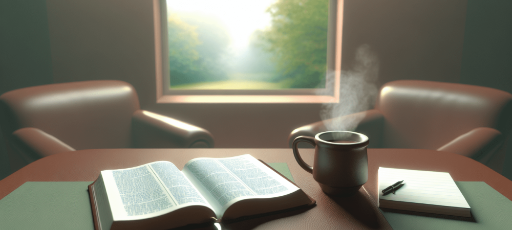 Uma mesa de estudo com Bíblia aberta, anotações e café em ambiente de reflexão e crescimento espiritual.