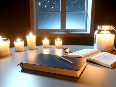 Mesa de estudo iluminada com Bíblia aberta e caderno, rodeada por velas, sugestiva de reflexão bíblica.