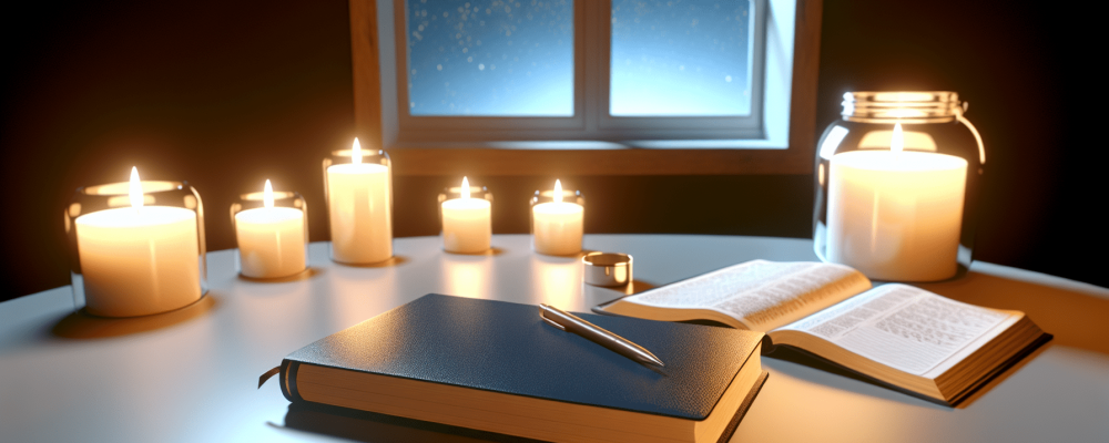 Mesa de estudo iluminada com Bíblia aberta e caderno, rodeada por velas, sugestiva de reflexão bíblica.