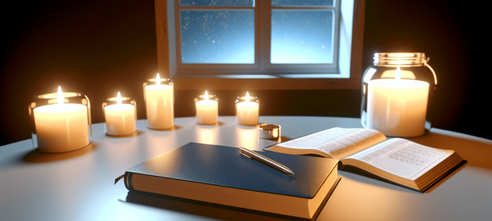 Mesa de estudo iluminada com Bíblia aberta e caderno, rodeada por velas, sugestiva de reflexão bíblica.