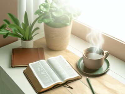 Mesa de estudo com Bíblia aberta, caderno, plantas e café, ideal para reflexão bíblica e crescimento espiritual.