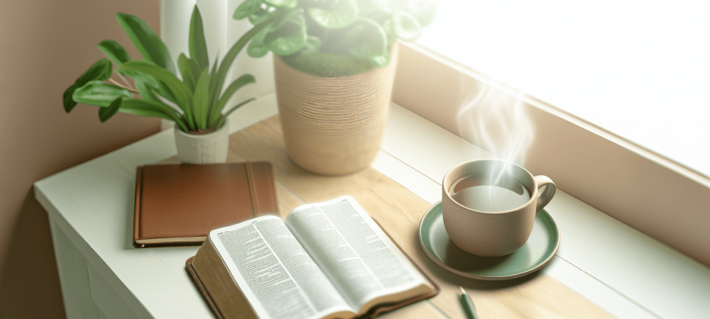 Mesa de estudo com Bíblia aberta, caderno, plantas e café, ideal para reflexão bíblica e crescimento espiritual.