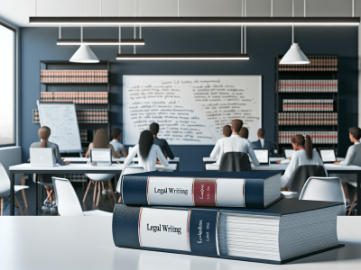 Estudantes em sala moderna, estudando redação jurídica com livros e diagramas.