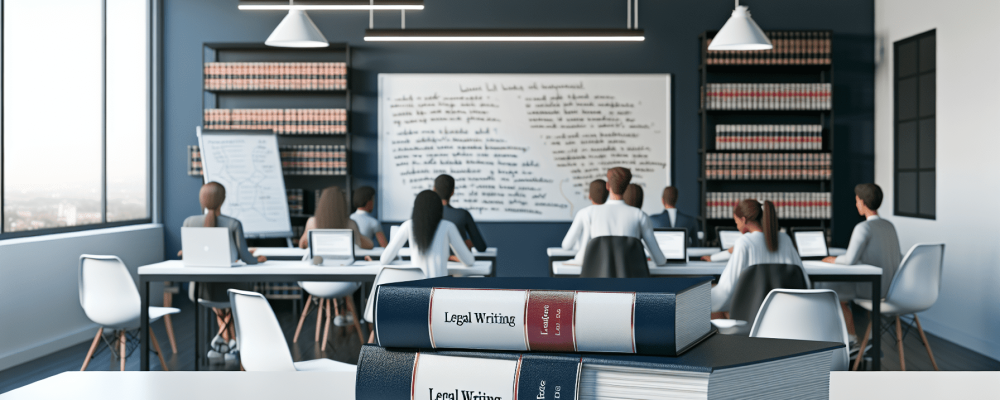 Estudantes em sala moderna, estudando redação jurídica com livros e diagramas.