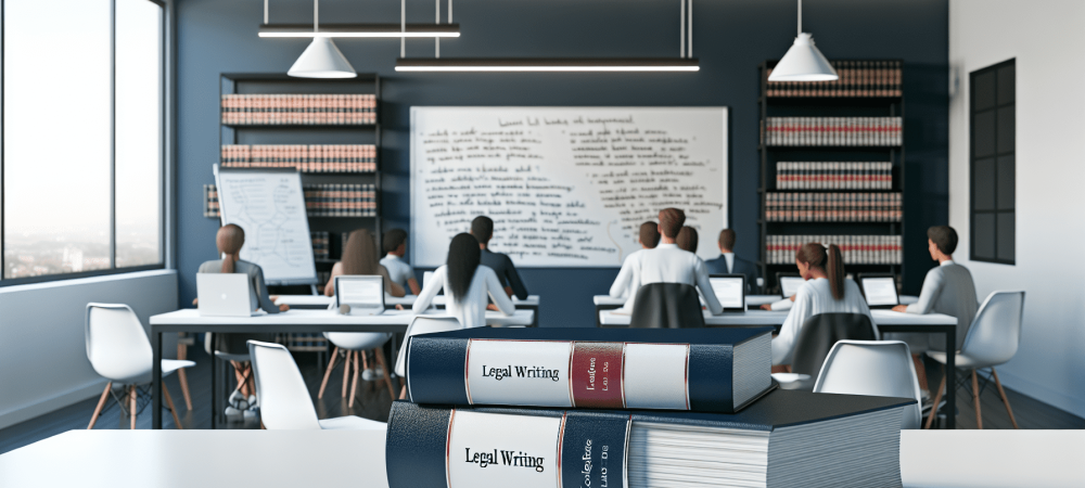 Estudantes em sala moderna, estudando redação jurídica com livros e diagramas.