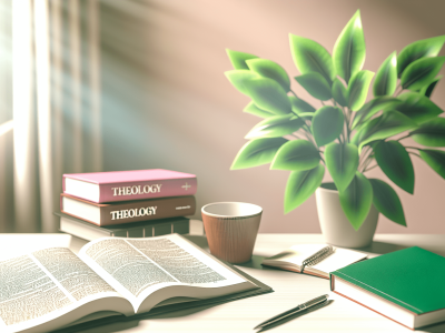 Mesa de trabalho iluminada com livros de teologia, caderno e planta verde ao lado.