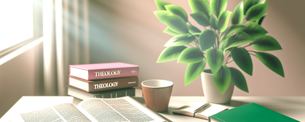 Mesa de trabalho iluminada com livros de teologia, caderno e planta verde ao lado.