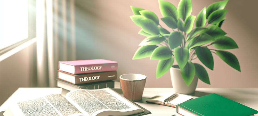 Mesa de trabalho iluminada com livros de teologia, caderno e planta verde ao lado.