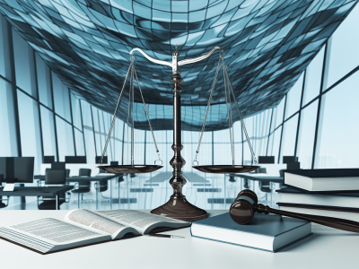 Balança da justiça em tribunal moderno com código de ética da OAB em destaque