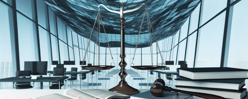 Balança da justiça em tribunal moderno com código de ética da OAB em destaque