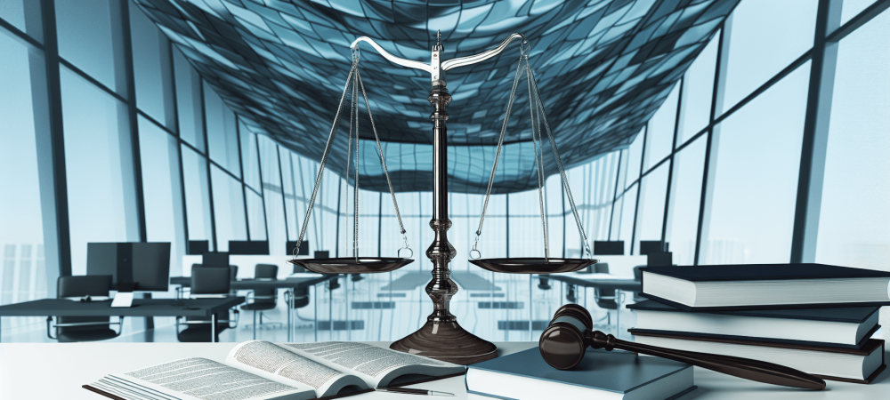 Balança da justiça em tribunal moderno com código de ética da OAB em destaque