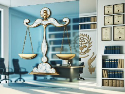 Uma balança da justiça estilizada simboliza a ética jurídica em um escritório elegante de advocacia, sob luz suave.