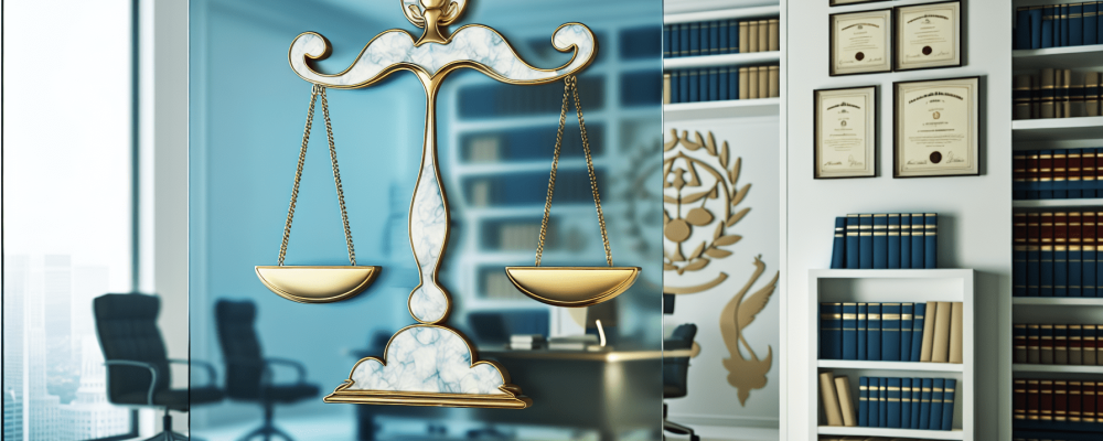 Uma balança da justiça estilizada simboliza a ética jurídica em um escritório elegante de advocacia, sob luz suave.