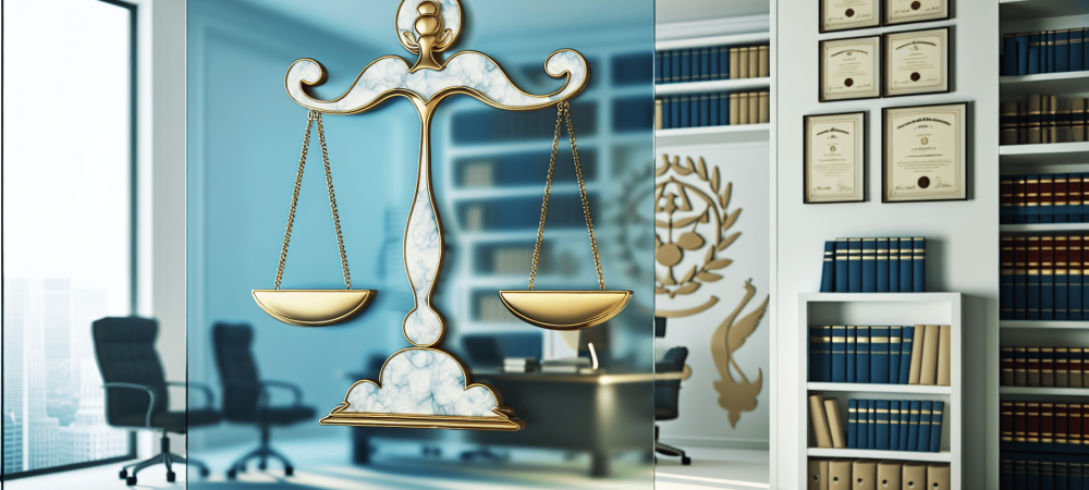 Uma balança da justiça estilizada simboliza a ética jurídica em um escritório elegante de advocacia, sob luz suave.