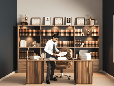 Advogado analisando documentos em escritório com prateleiras de livros e prêmios de carreira em ética jurídica.