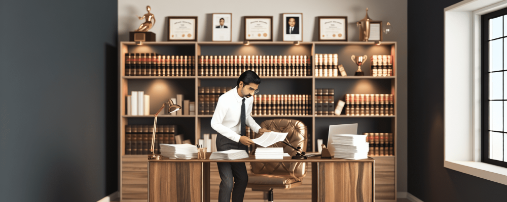 Advogado analisando documentos em escritório com prateleiras de livros e prêmios de carreira em ética jurídica.