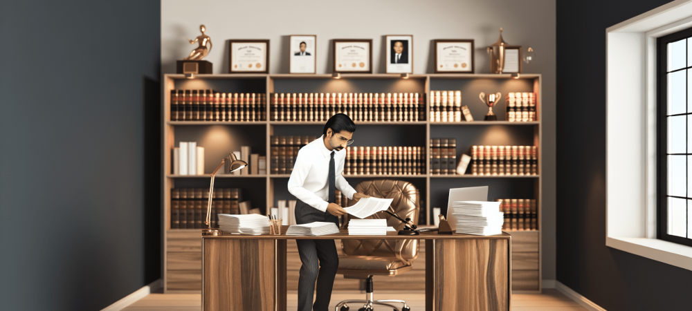 Advogado analisando documentos em escritório com prateleiras de livros e prêmios de carreira em ética jurídica.