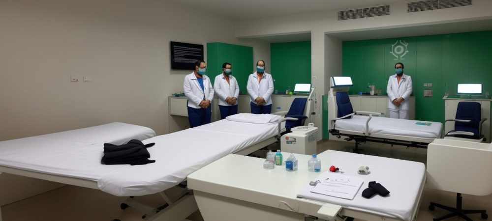 Profissional de saúde de jaleco conversa com paciente em sala de atendimento, representando a ética na saúde com livros de bioética ao fundo.