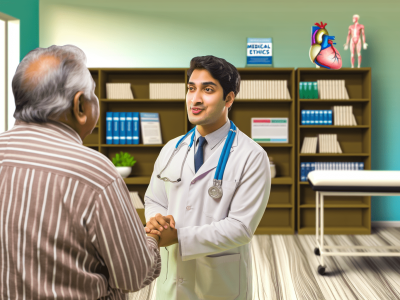 Médico conversando com paciente idosa em consultório com livros de ética, destacando ética na saúde