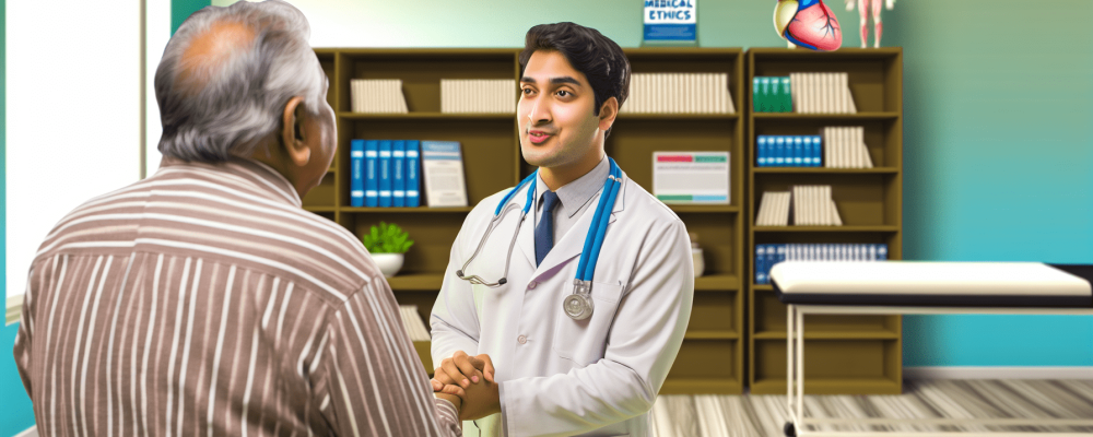 Médico conversando com paciente idosa em consultório com livros de ética, destacando ética na saúde