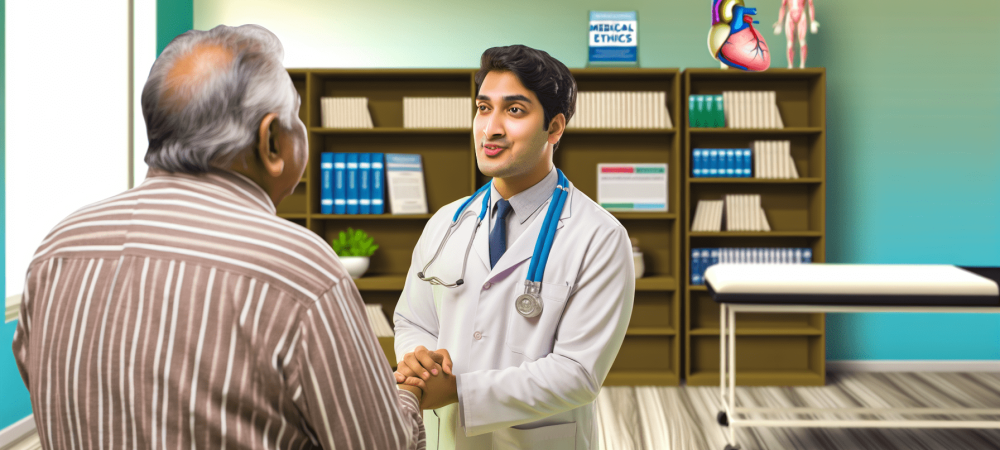 Médico conversando com paciente idosa em consultório com livros de ética, destacando ética na saúde
