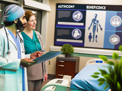 Médico e enfermeira discutindo ética profissional em ambiente hospitalar, focando em autonomia e beneficência.