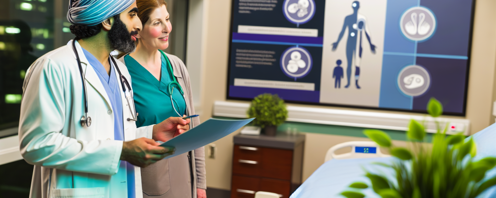 Médico e enfermeira discutindo ética profissional em ambiente hospitalar, focando em autonomia e beneficência.