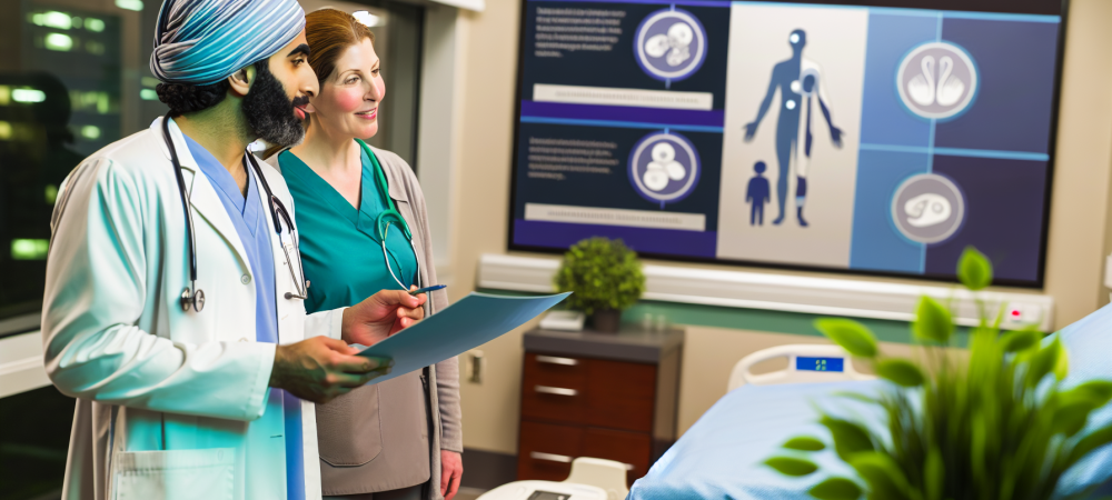 Médico e enfermeira discutindo ética profissional em ambiente hospitalar, focando em autonomia e beneficência.