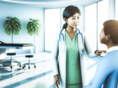 Profissional de saúde demonstrando ética e empatia ao interagir com paciente em ambiente clínico iluminado.