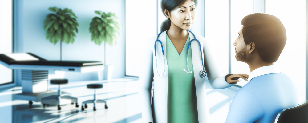 Profissional de saúde demonstrando ética e empatia ao interagir com paciente em ambiente clínico iluminado.