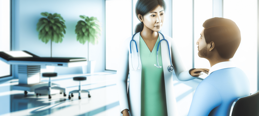 Profissional de saúde demonstrando ética e empatia ao interagir com paciente em ambiente clínico iluminado.