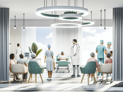 Profissionais de saúde em sala moderna, atendendo pacientes com ética e cuidado humano.