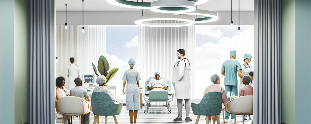 Profissionais de saúde em sala moderna, atendendo pacientes com ética e cuidado humano.