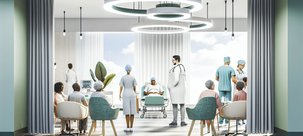 Profissionais de saúde em sala moderna, atendendo pacientes com ética e cuidado humano.