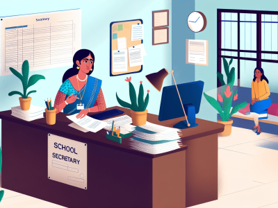 Secretário escolar em ambiente administrativo, atendendo mãe preocupada, cercado por documentos, enfatizando importância do papel.