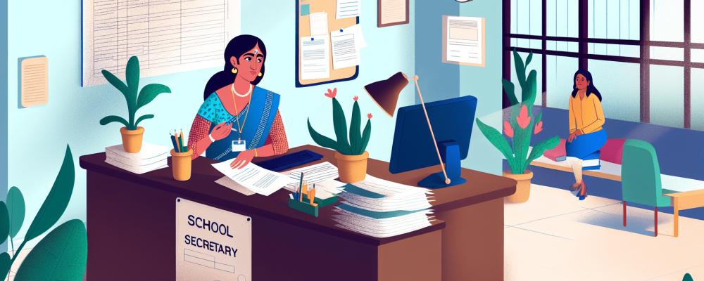 Secretário escolar em ambiente administrativo, atendendo mãe preocupada, cercado por documentos, enfatizando importância do papel.