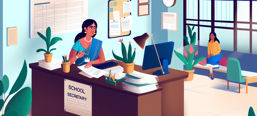 funcao-secretario-escolar-ambiente.webp Secretário escolar em ambiente administrativo, atendendo mãe preocupada, cercado por documentos, enfatizando importância do papel.