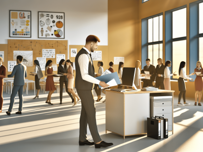 Secretário escolar organizando documentos em escola moderna, interagindo com alunos e professores, refletindo ambiente harmonioso e colaborativo.