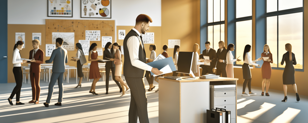 Secretário escolar organizando documentos em escola moderna, interagindo com alunos e professores, refletindo ambiente harmonioso e colaborativo.