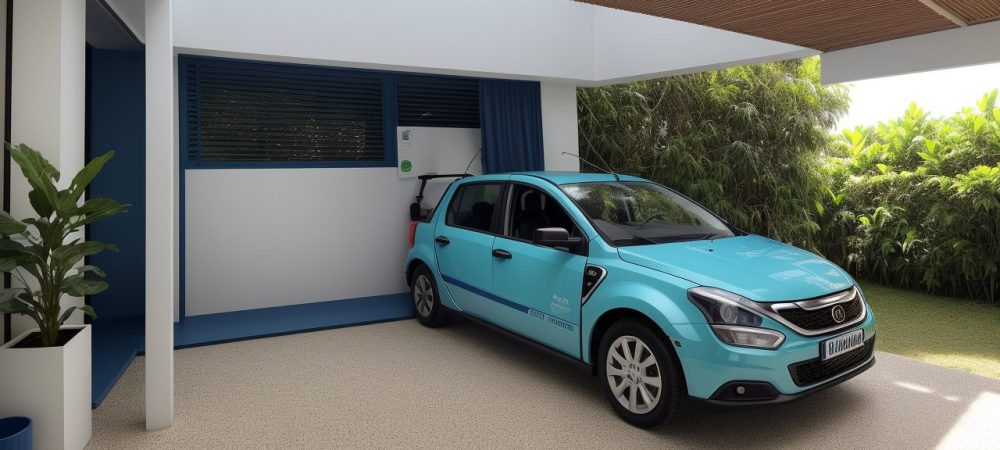 Uma garagem moderna e iluminada com vários veículos públicos, como ônibus e ambulâncias, simbolizando gestão de frotas eficiente.