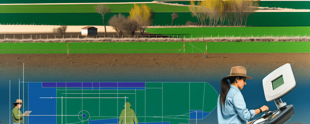 Engenheiro agrônomo em campo rural utilizando GPS de alta precisão para georreferenciamento de imóveis rurais, com marcos visíveis sob céu azul.