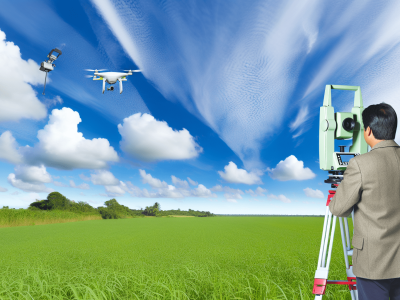 Engenheiro agrimensor realiza georreferenciamento de imóvel rural com equipamentos GNSS e drone sob céu azul.