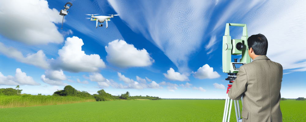 Engenheiro agrimensor realiza georreferenciamento de imóvel rural com equipamentos GNSS e drone sob céu azul.
