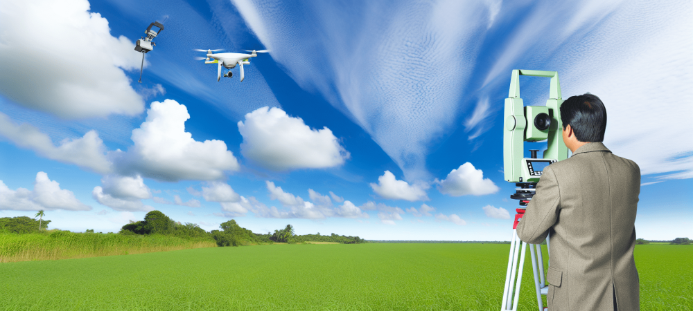 Engenheiro agrimensor realiza georreferenciamento de imóvel rural com equipamentos GNSS e drone sob céu azul.
