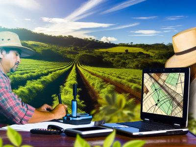 Agricultor utilizando GPS em paisagem rural para georreferenciamento de imóveis rurais, cercado por plantações verdes sob céu ensolarado.