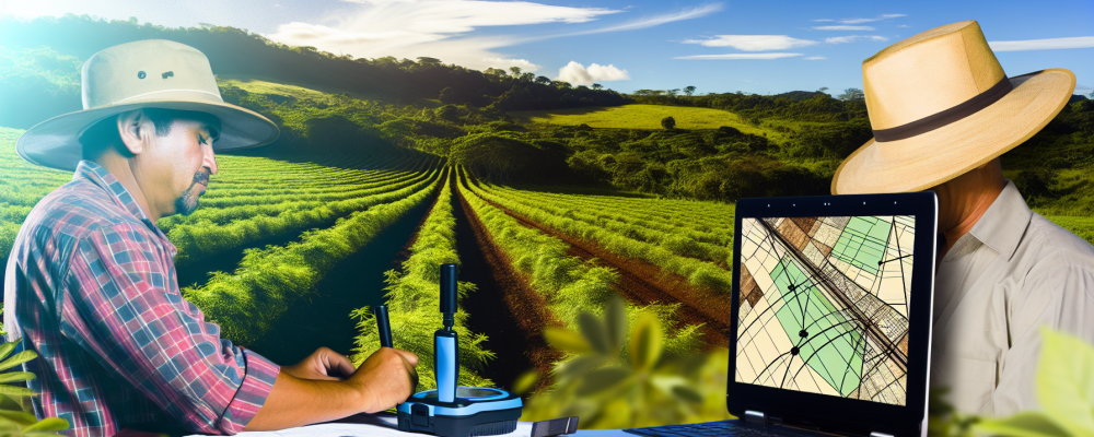 Agricultor utilizando GPS em paisagem rural para georreferenciamento de imóveis rurais, cercado por plantações verdes sob céu ensolarado.