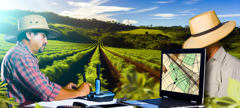 Agricultor utilizando GPS em paisagem rural para georreferenciamento de imóveis rurais, cercado por plantações verdes sob céu ensolarado.