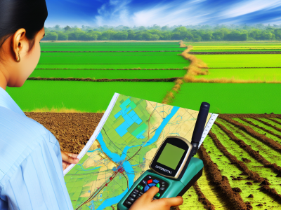 Paisagem rural com engenheiro agrônomo usando GPS diferencial para georreferenciamento, céu azul e campos verdes.