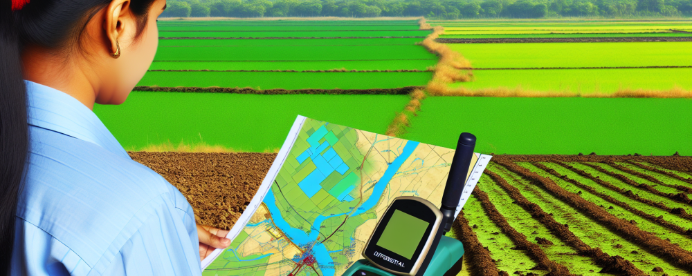 Paisagem rural com engenheiro agrônomo usando GPS diferencial para georreferenciamento, céu azul e campos verdes.